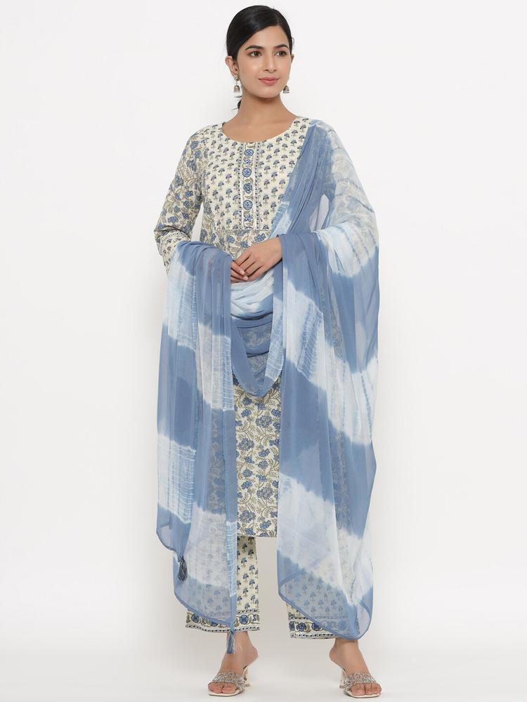 Do Dhaage Women Blue Floral Printed Pure Cotton Kurta with Trousers & With Dupatta