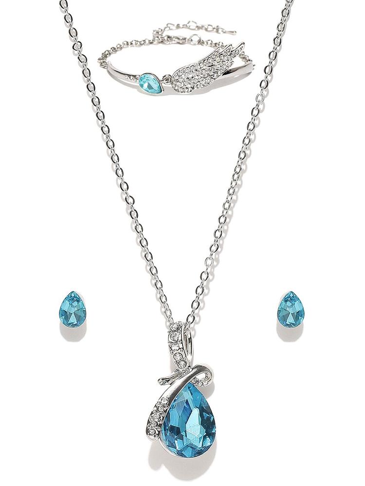 YouBella Blue Silver-Plated Stone-Studded Jewellery Set
