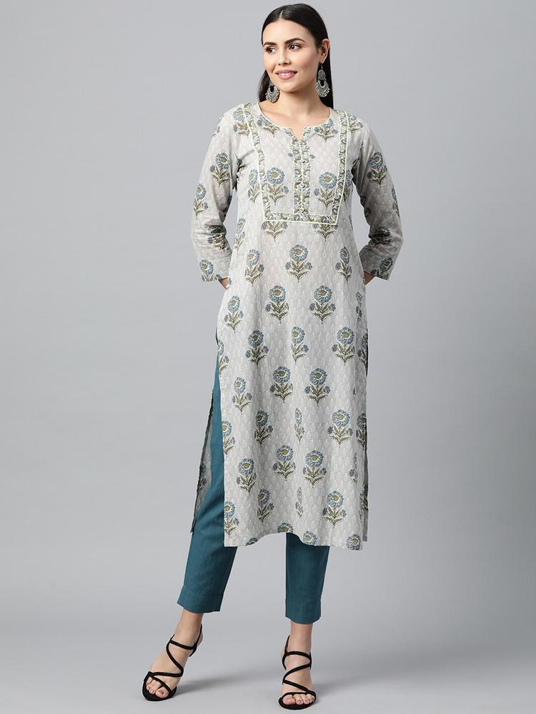 KAMI KUBI Women Grey & Blue Floral Printed cotton Straight kurta