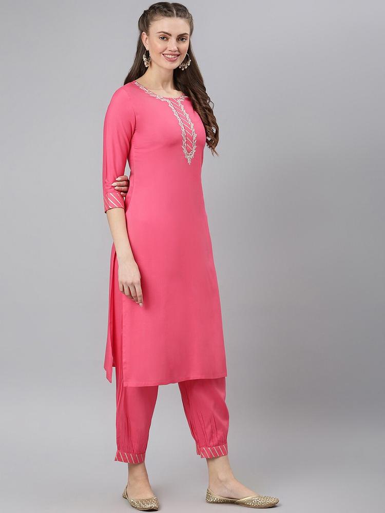 Khushal K Women Pink Yoke Design Kurti with Trouser & Dupatta