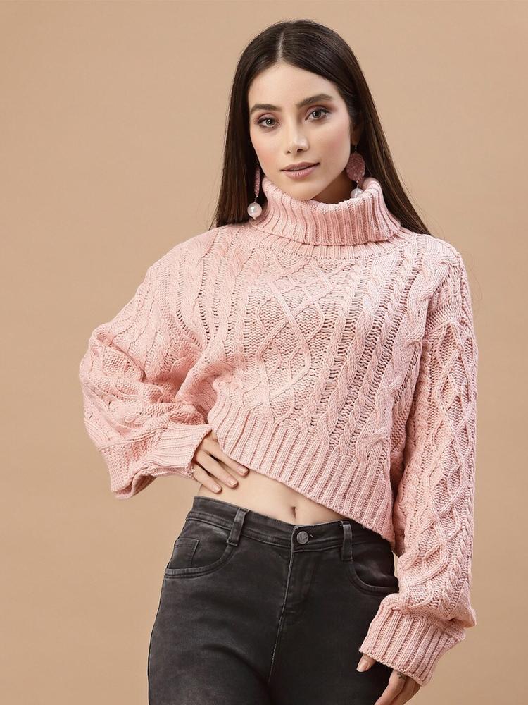 Mafadeny Women Peach-Coloured Cable Knit Crop Pullover