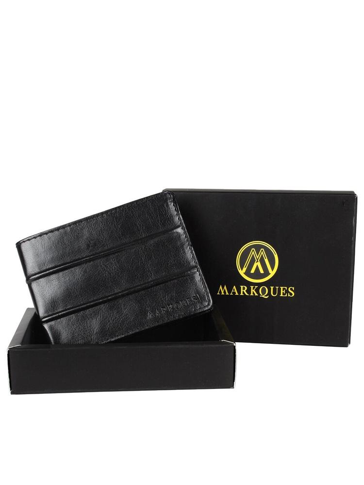 MARKQUES Men Black Leather Two Fold Wallet with SIM Card Holder