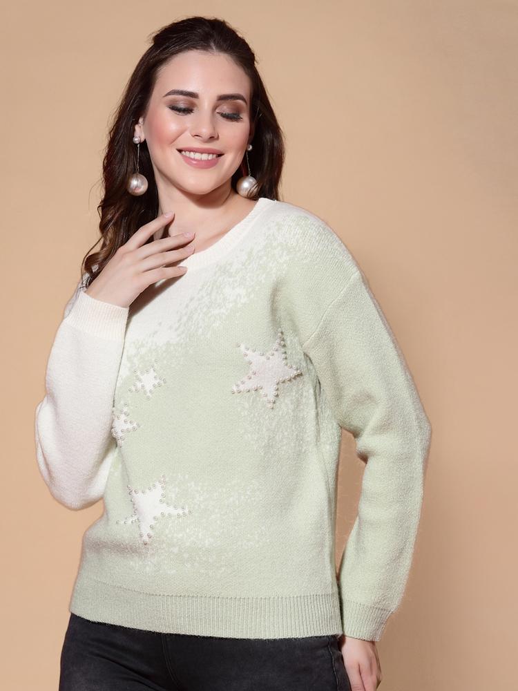 Mafadeny Women Green & White Embroidered Pullover With Embellished Detail