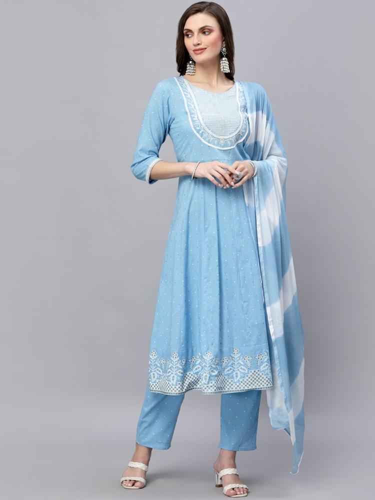 Stylum Women Blue Embroidered Panelled Thread Work Pure Cotton Kurta with Trousers & With Dupatta