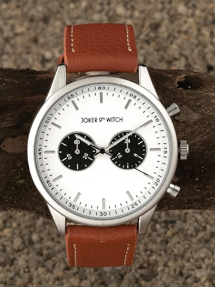 JOKER & WITCH Men White Embellished Dial & Brown Leather Bracelet Style Straps Analogue Watch AMWW495-Brown