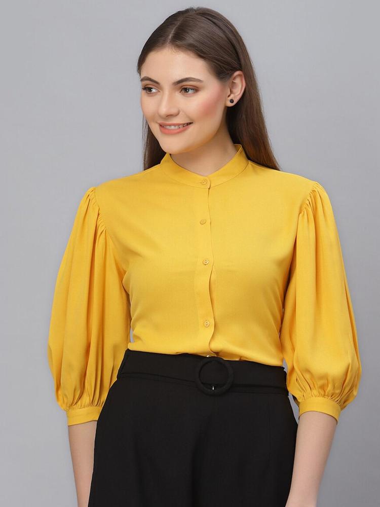 Style Quotient Women Yellow Regular Fit Mandarin Collar Formal Shirt