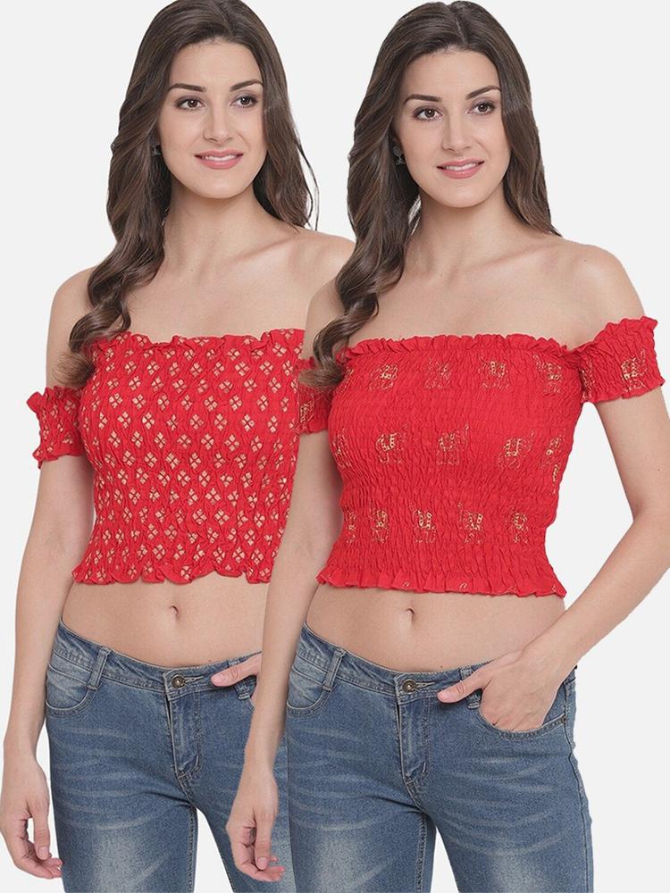 Aawari Pack Of 2 Women Red Floral Print Off-Shoulder Bardot Crop Top