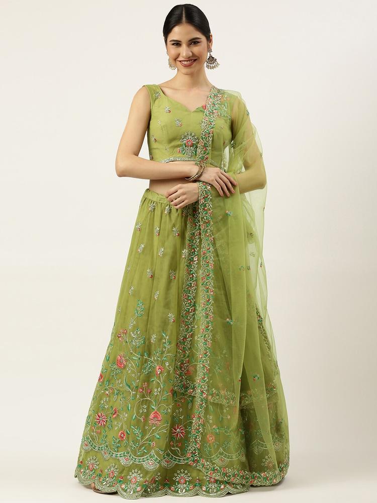 panchhi Olive Green Embroidered Sequinned Semi-Stitched Lehenga Set