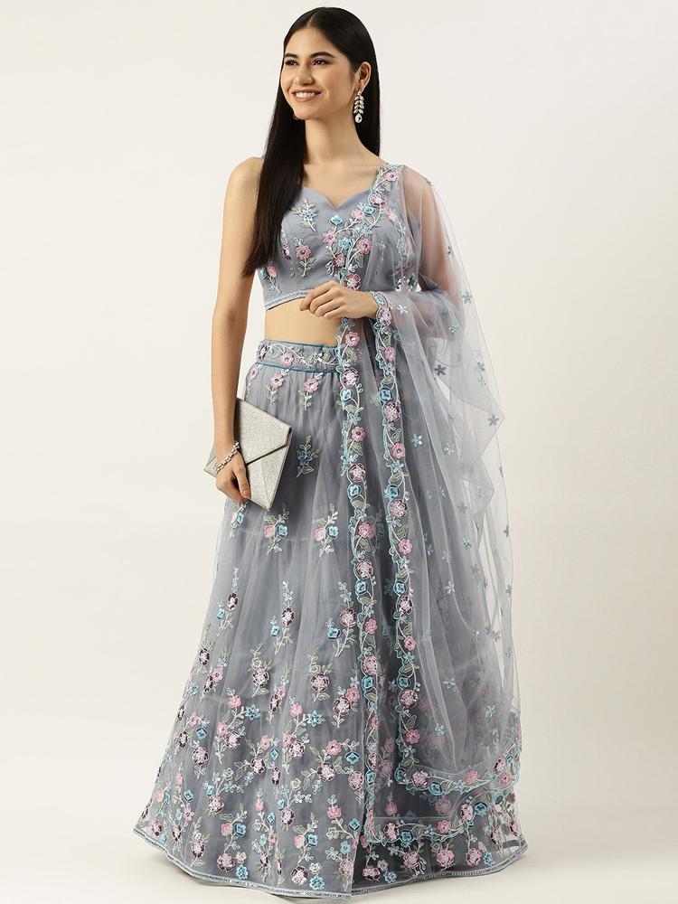 panchhi Grey Embroidered Sequinned Semi-Stitched Lehenga & Unstitched Blouse With Dupatta