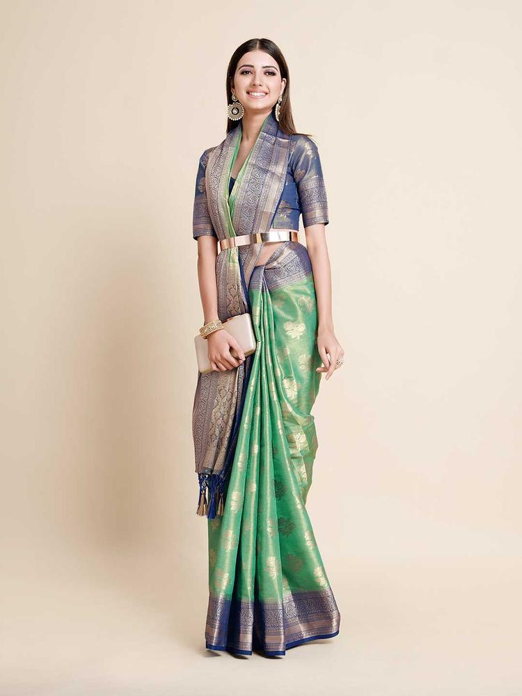 MIMOSA Green & Gold-Toned Floral Zari Art Silk Kanjeevaram Saree
