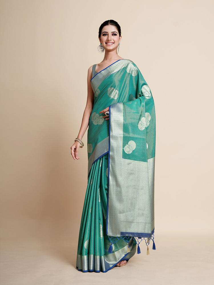 MIMOSA Turquoise Blue & Silver-Toned Woven Design Zari Art Silk Kanjeevaram Saree