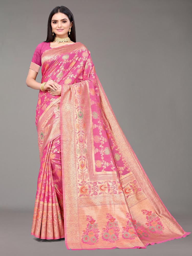 Nimayaa Pink & Gold-Toned Woven Design Zari Silk Blend Saree