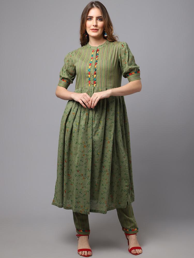Tulsattva Women Olive Green Floral Printed Pure Cotton Kurta with Trousers