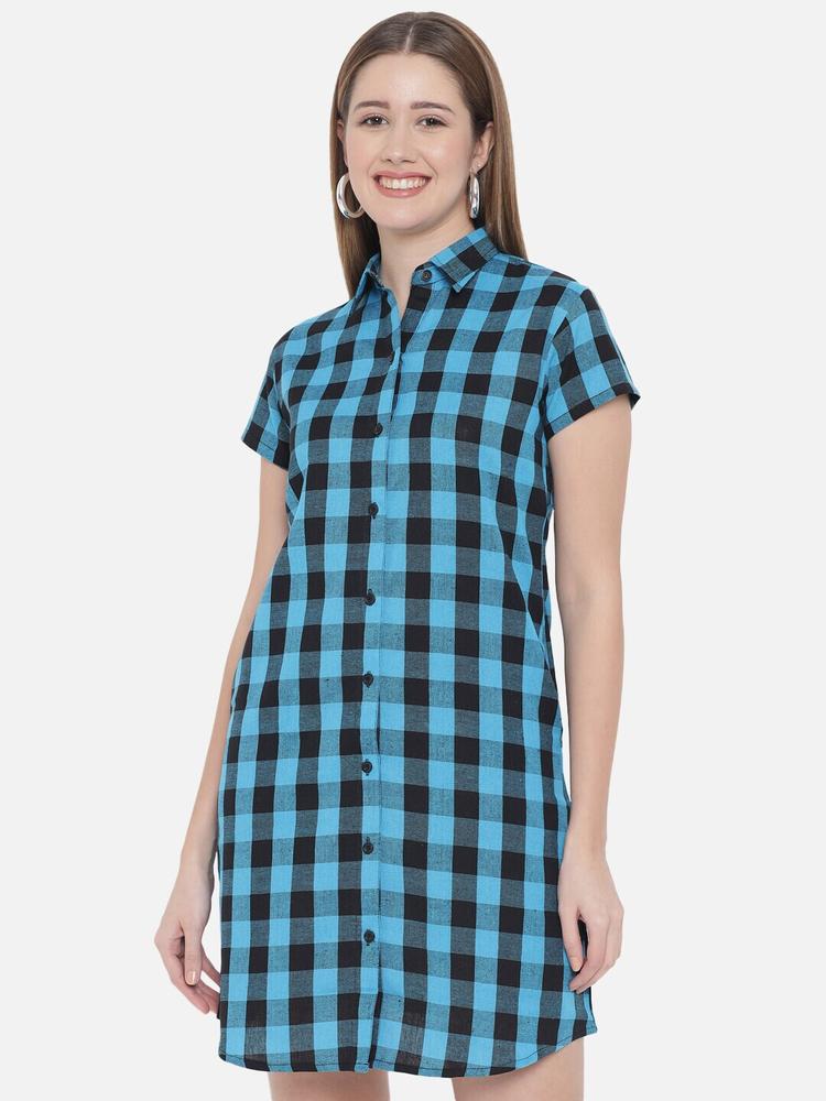 Indietoga Turquoise Blue Checked Shirt Dress