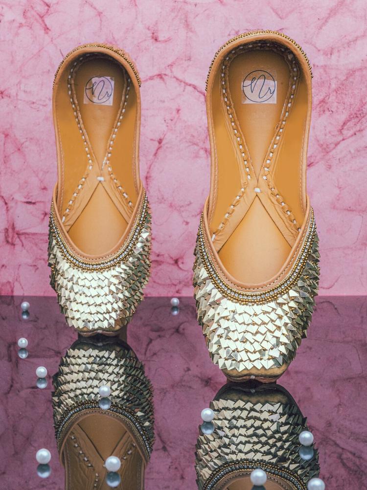 NR By Nidhi Rathi Women Gold-Toned Embellished Mojaris Flats