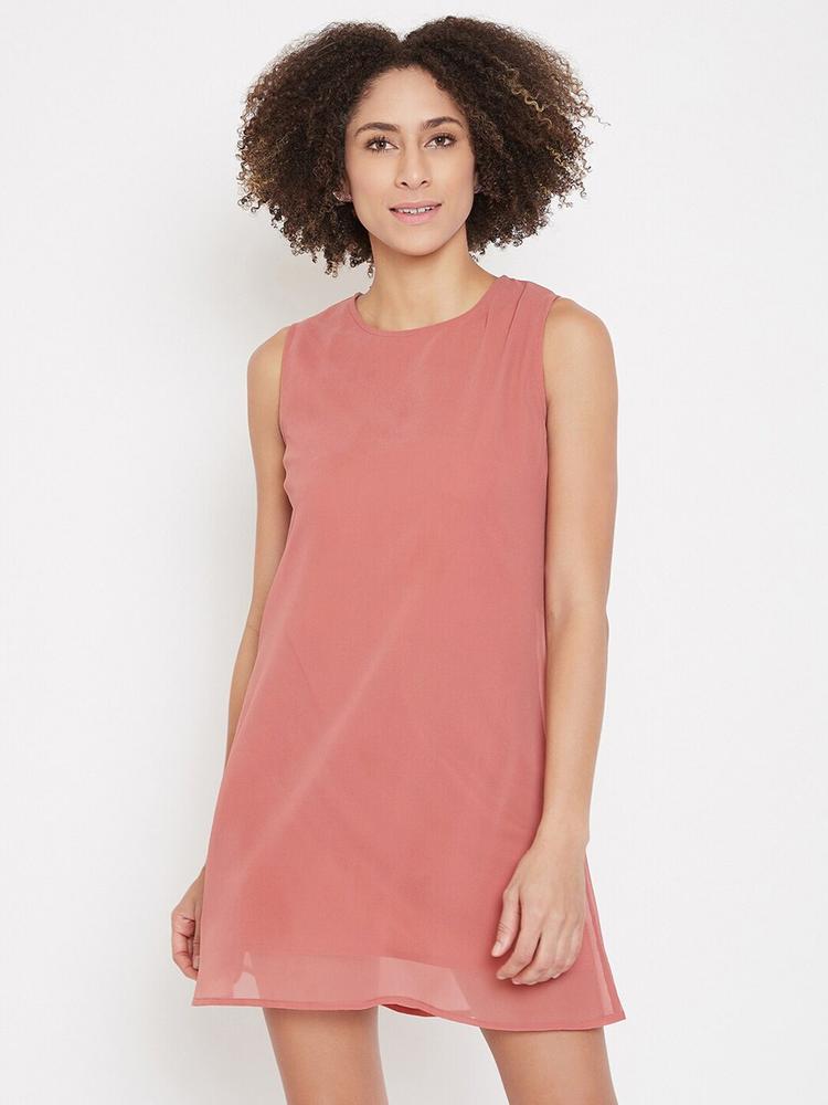La Zoire Women Pink Solid Georgette Sleeveless A-Line Mini Dress