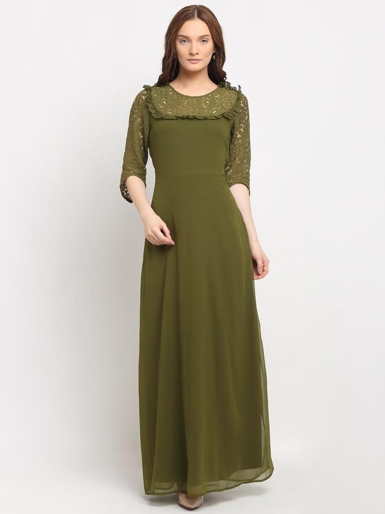 La Zoire Olive Green Georgette Maxi Dress