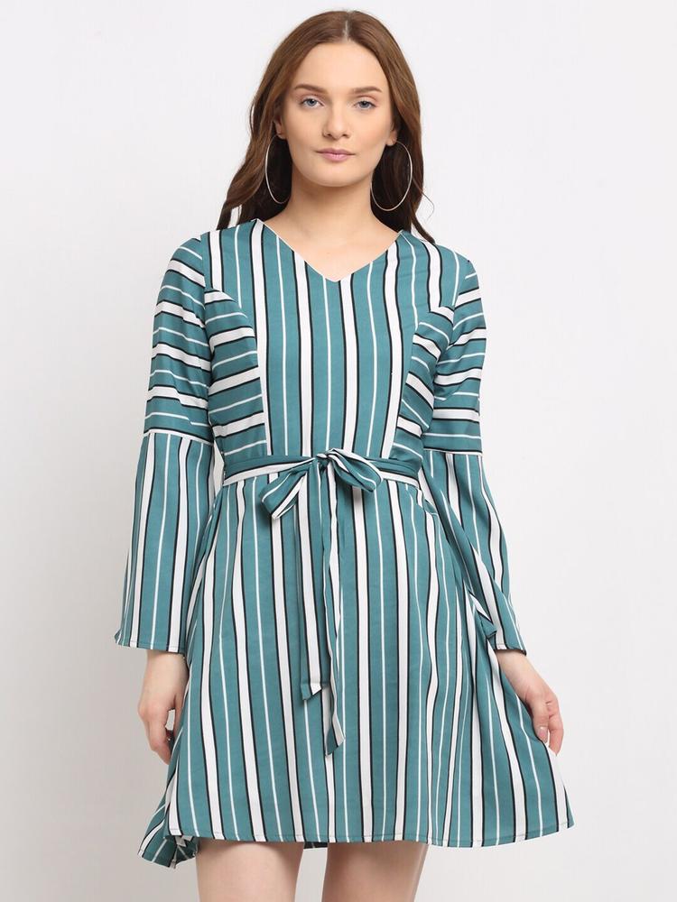 La Zoire Teal & White Striped Crepe A-Line Dress