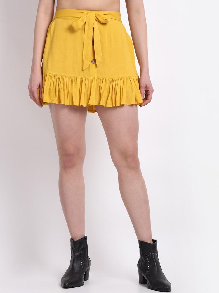 La Zoire Women Mustard Yellow Solid Midi Flared Skirts
