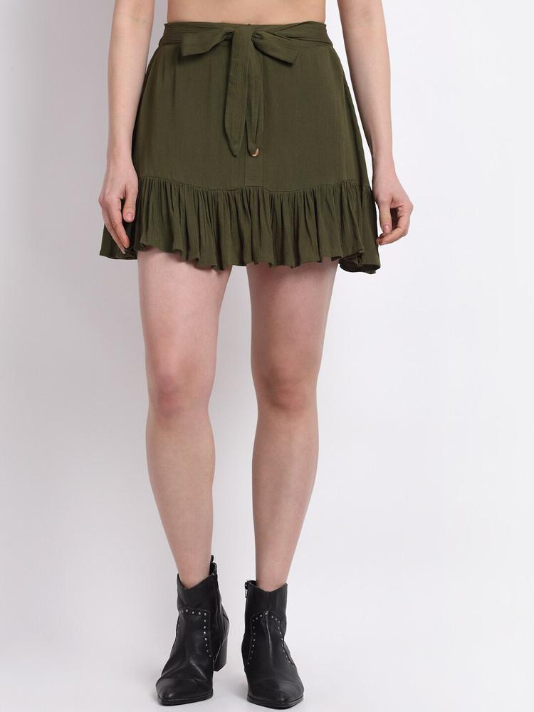 La Zoire Women Olive Green Solid Mini Tiered Skirts