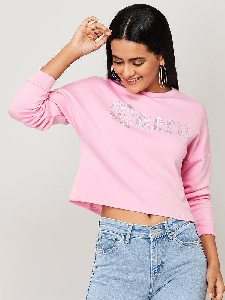 Ginger by Lifestyle Women Pink Printed Crop Sweatshirt