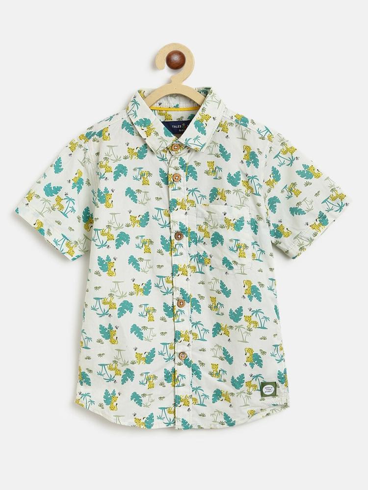TALES & STORIES Boys Cream-Colored Conversational Print Casual Shirt