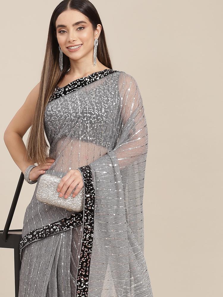 SAARYA Woman Grey Embellished Saree