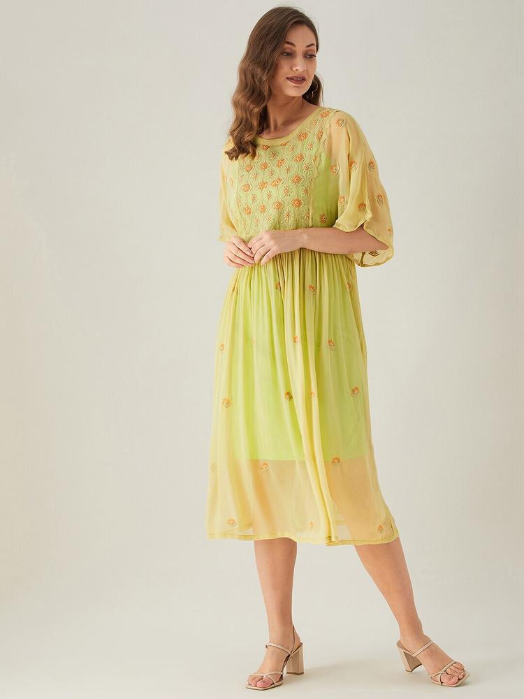 The Kaftan Company Yellow Floral Embroidered Georgette A-Line Midi Dress
