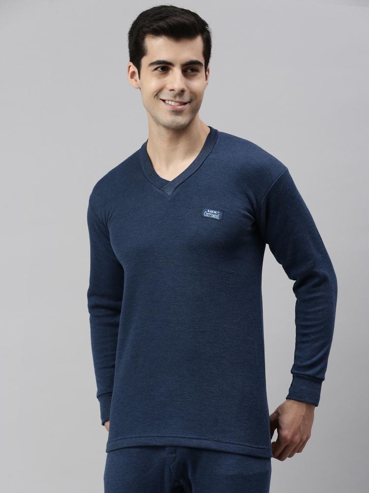 Lux Cottswool Men Blue Solid Cotton Thermal Tops