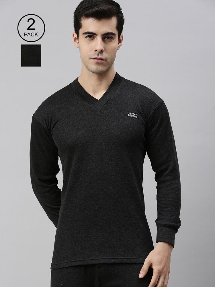 Lux Cottswool Men Pack Of 2 Black Solid Cotton Thermal Tops