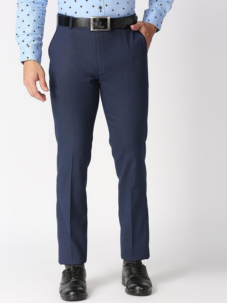 Solemio Men Navy Blue Tailored Formal Trouser