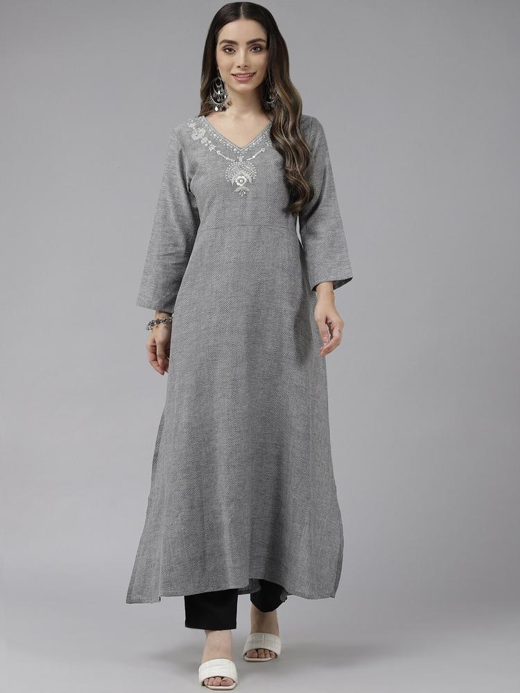 Prakrti Women Grey Embroidered Detail Pure Cotton Kurta with Trousers