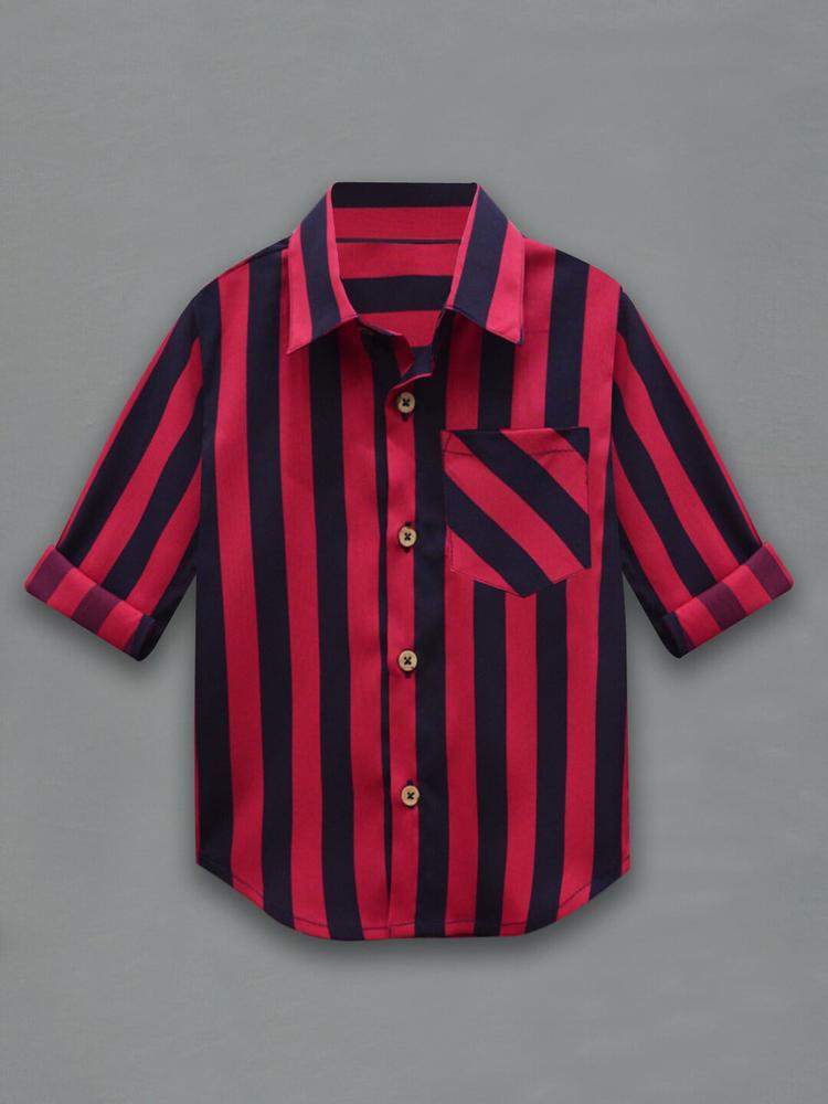 A T U N Boys Red Classic Regular Fit Striped Casual Shirt