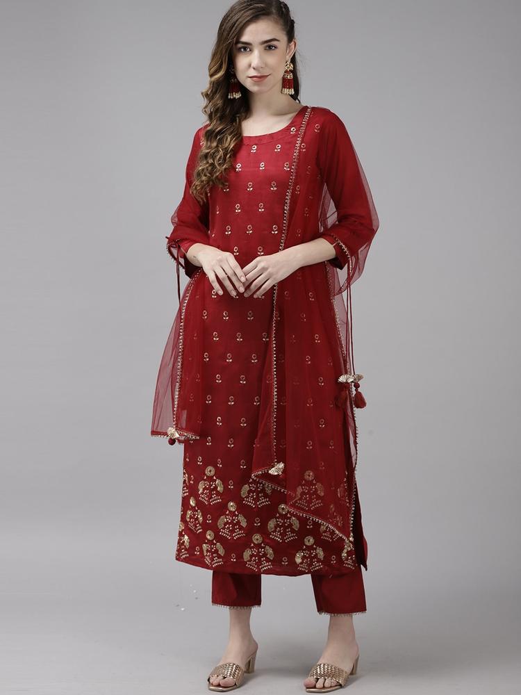 Indo Era Women Red Ethnic Motifs Embroidered Kurta With Trousers & Dupatta