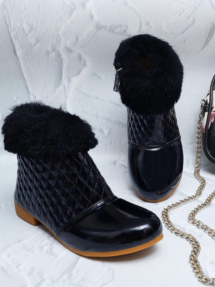 DChica Girls Black Boots With Fur Trim