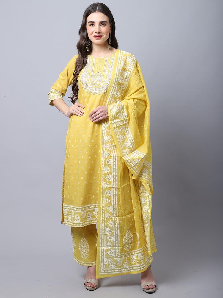 Rajnandini Women Yellow Ethnic Motifs Yoke Design Pure Cotton Kurta with Palazzos & With Dupatta
