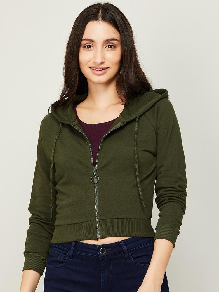 Ginger by Lifestyle Women Olive Green Cotton Sweatshirt