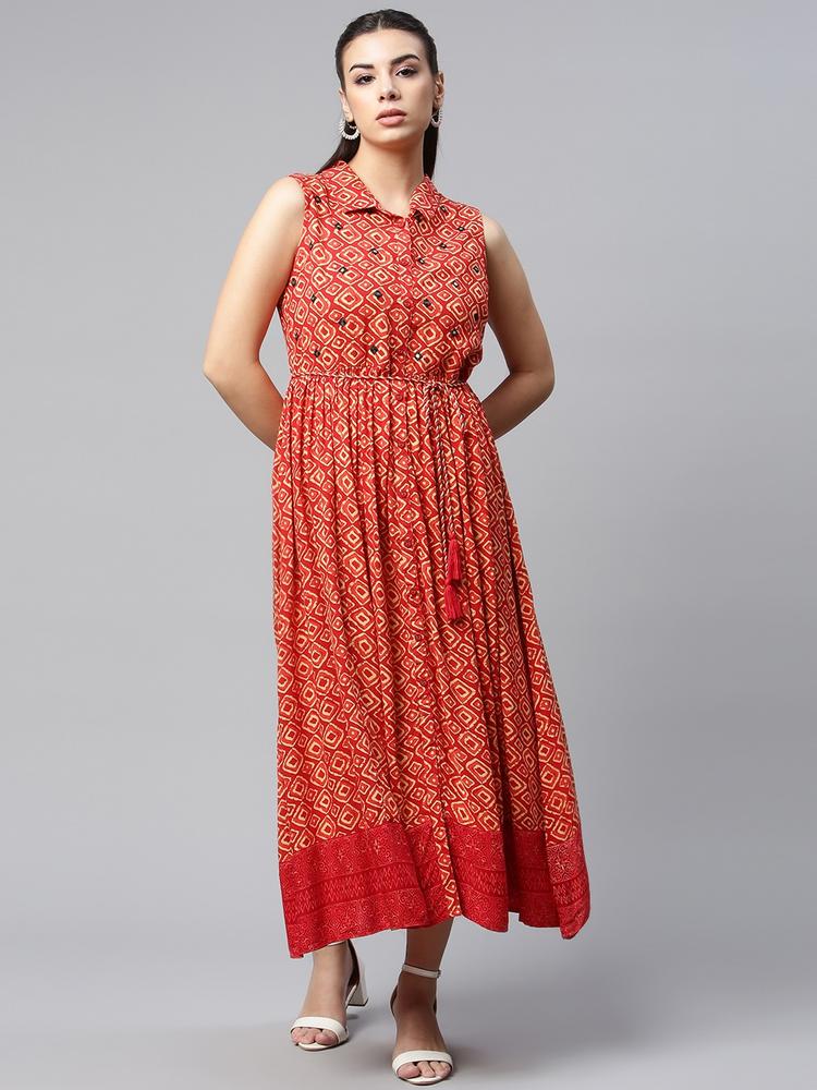 MALHAAR Red & Beige Ethnic A-Line Midi Dress