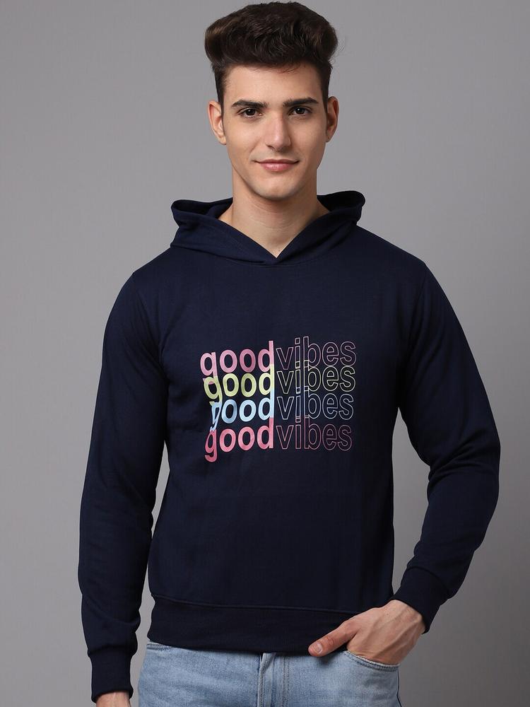 Obaan Men Navy Blue Printed Hooded Sweatshirt