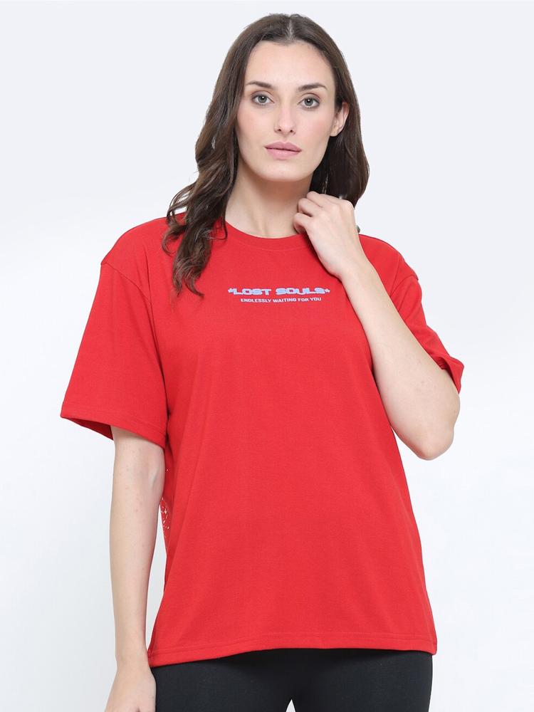 EVERDION Women Red Printed Drop-Shoulder Sleeves Bio Finish Loose T-shirt