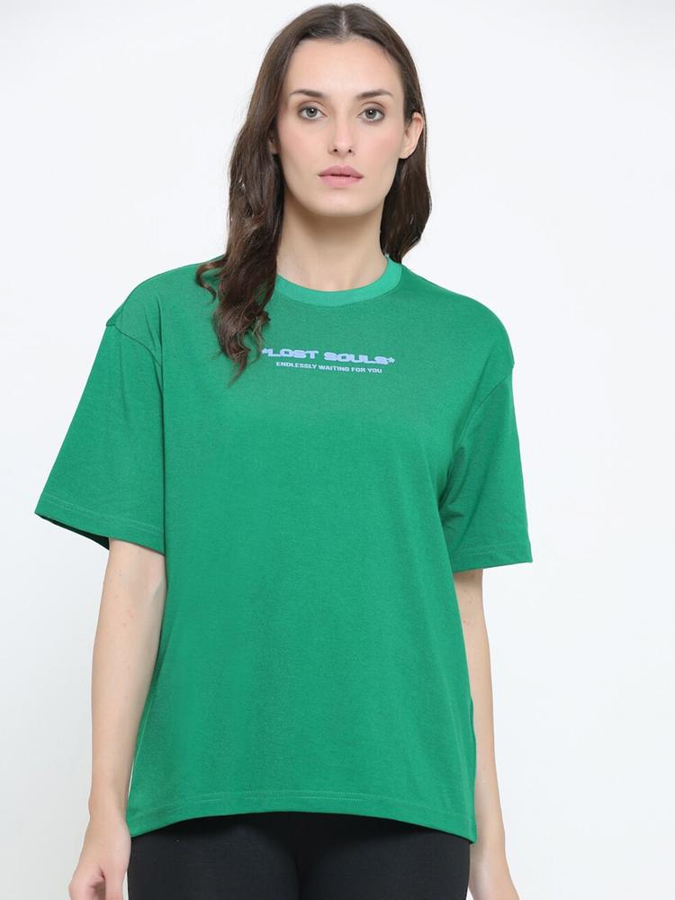 EVERDION Women Green Printed Drop-Shoulder Sleeves Bio Finish Loose T-shirt