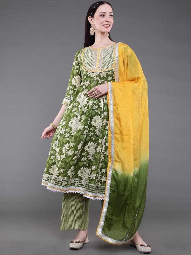 saubhagya Women Green Floral Printed Pure Cotton Kurta with Palazzos & With Dupatta