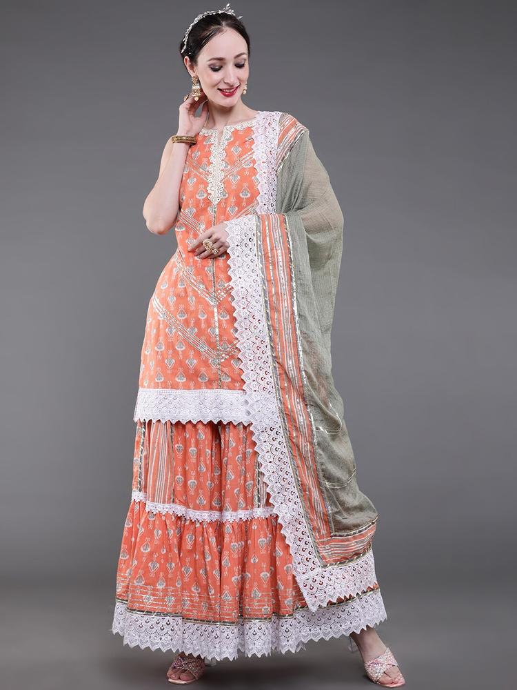saubhagya Women Peach & White Embroidered Pure Cotton Kurta with Sharara & With Dupatta