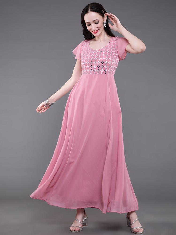 saubhagya Pink Embellished Embroidered Georgette Maxi Dress