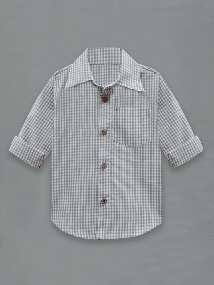 A T U N Boys Grey Classic Gingham Checked Cotton Casual Shirt