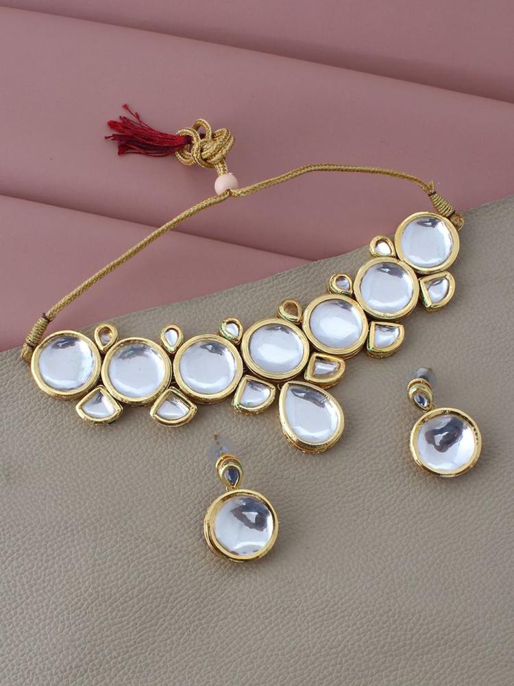LUCKY JEWELLERY Women Gold-Plated White Kundan-Studded Jewellery Set