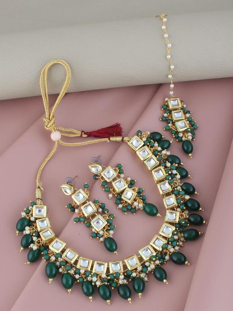 LUCKY JEWELLERY Gold-Plated Green Kundan Studded Jewellery Set