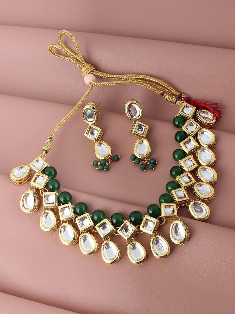 LUCKY JEWELLERY Gold-Plated Green Kundan-Studded Jewellery Set