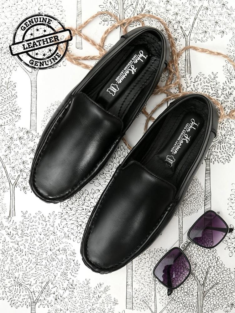 John Karsun Men Black Perforations Leather Slip-On Sneakers