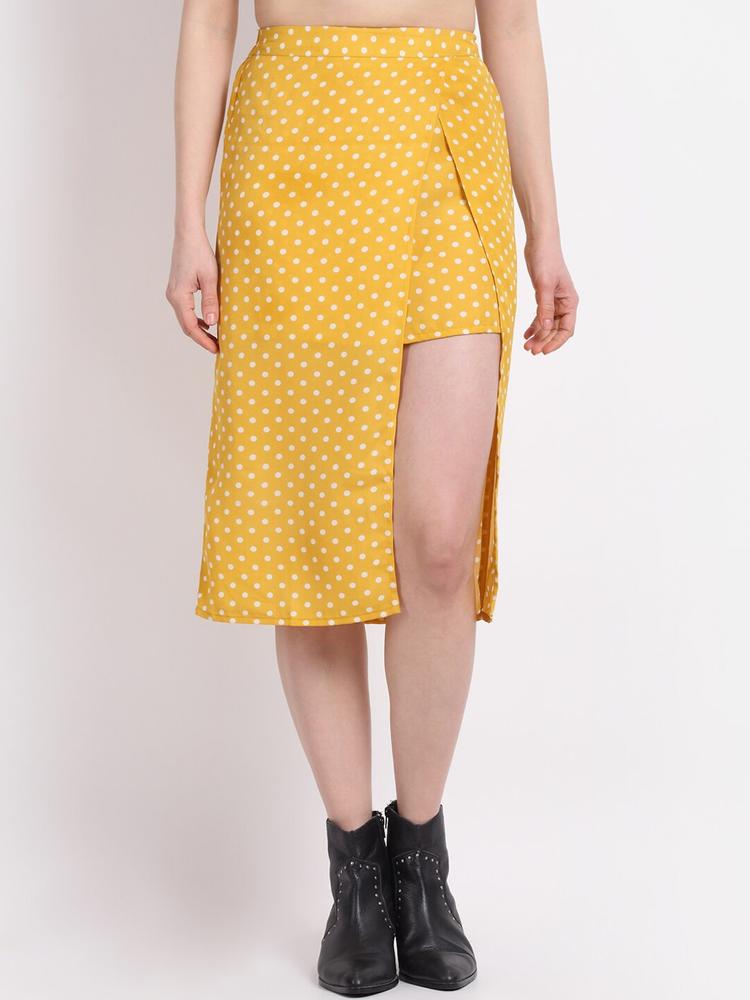 La Zoire Women Mustard Yellow Printed Straight Knee Length Skirts